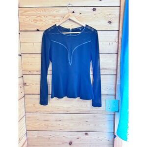 GUESS Womens Black Mesh Long Sleeve Peplum Top Faux Leather Trim W53P916219Z M